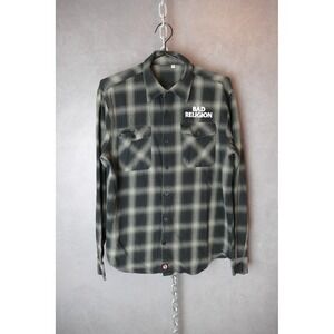 Bad Religion Mens XL‎ Plaid Flannel Button Up Shirt Black Grey Embroidered Logo